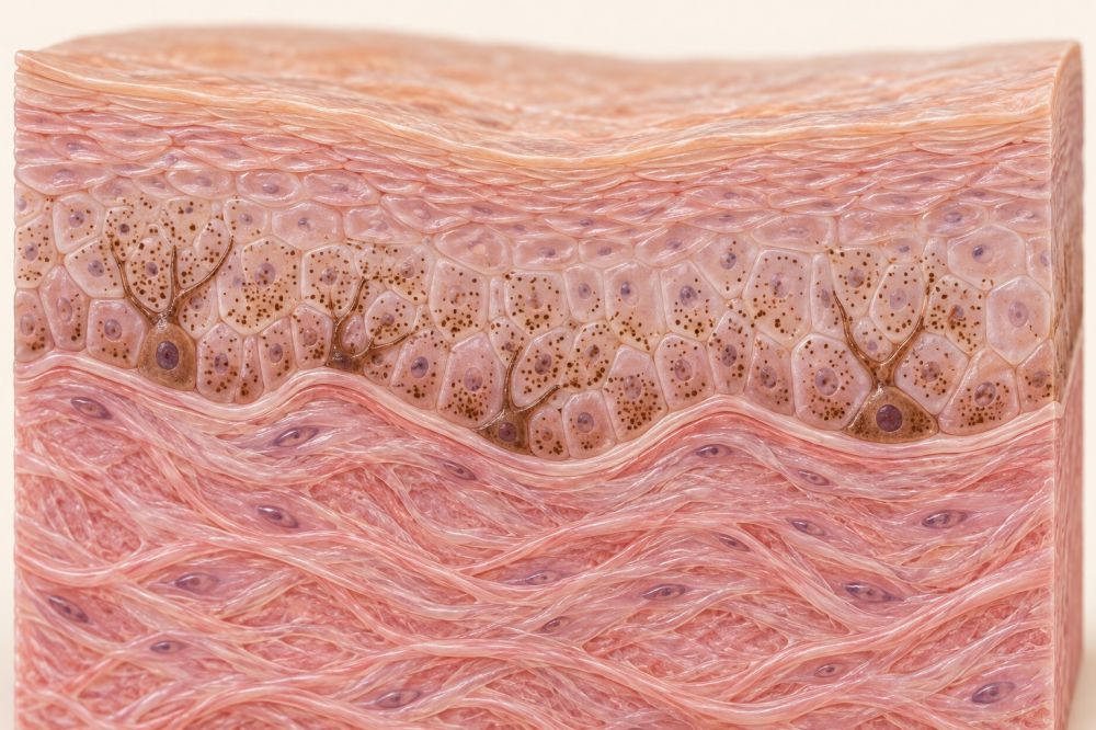 Representação simplificada da melanina nas células da epiderme.