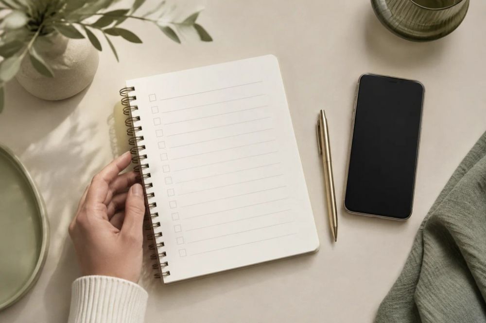 Caderno com lista em branco, caneta e celular para organizar a consulta.