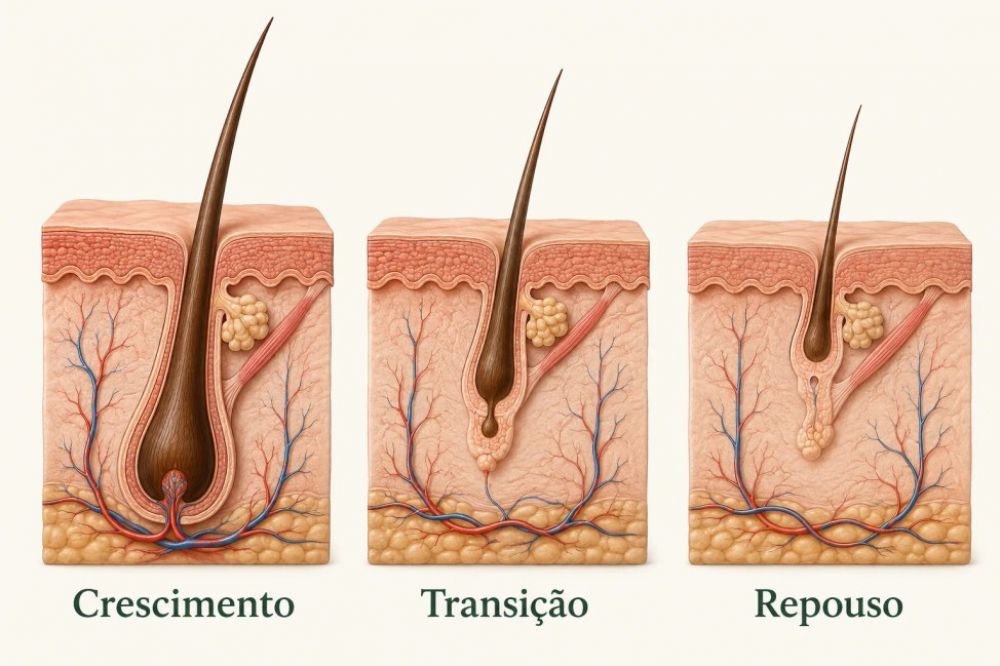 Ilustração das fases de crescimento, transição e repouso do ciclo capilar.